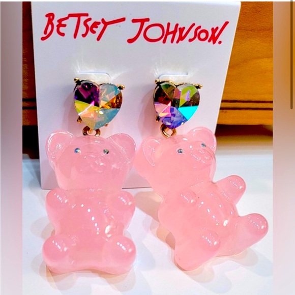 Betsey Johnson Large Gummy Bear Pink Iridescent Crystal Heart Earrings NWT - Picture 2 of 5